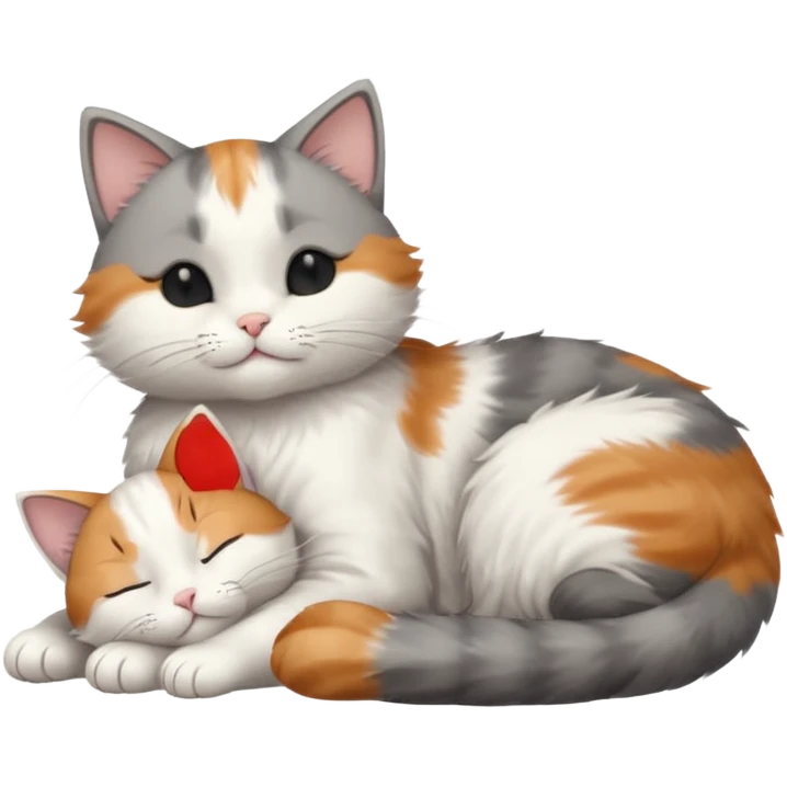 1 grey and white small cat with its eyes closed lying down leaning on its elbow with its paw curled under its head holding it up emoji