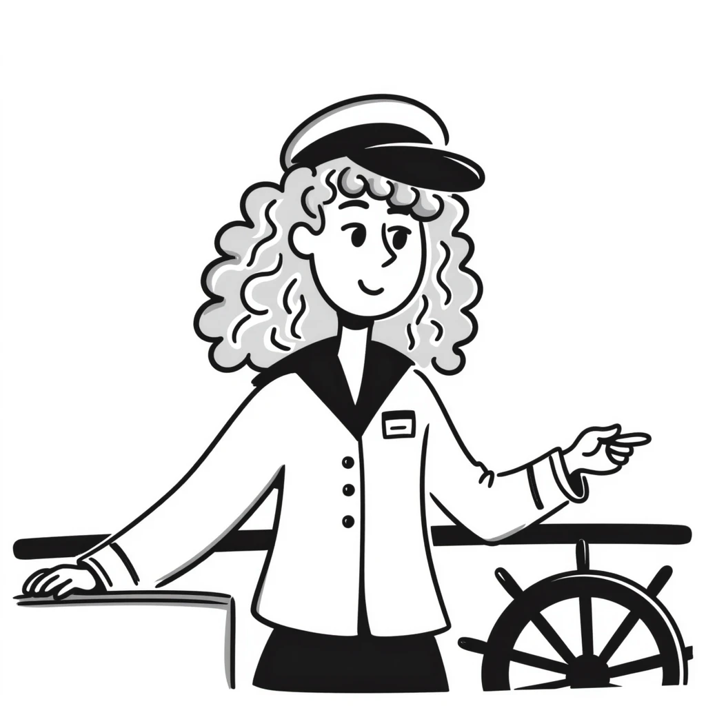 girl with curly dirty blonde hair, cruise captain, questioning expression emoji