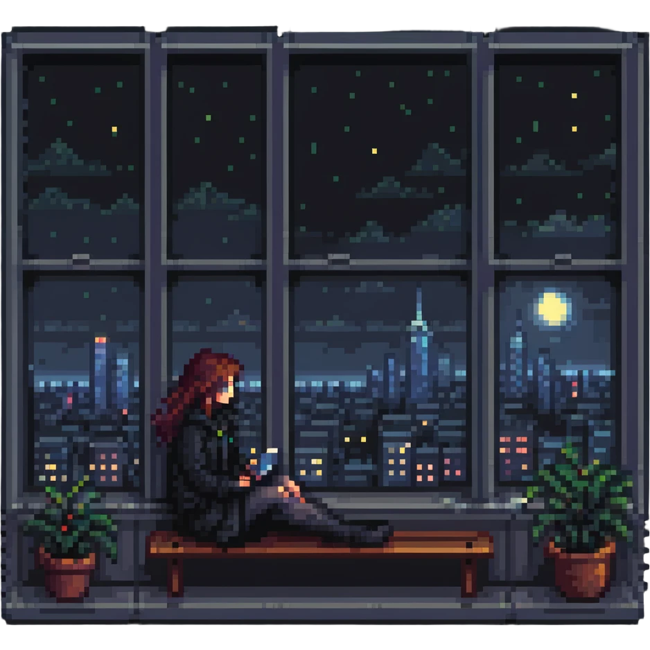 woman in a window seat, city lights outside, pixel-art style emoji