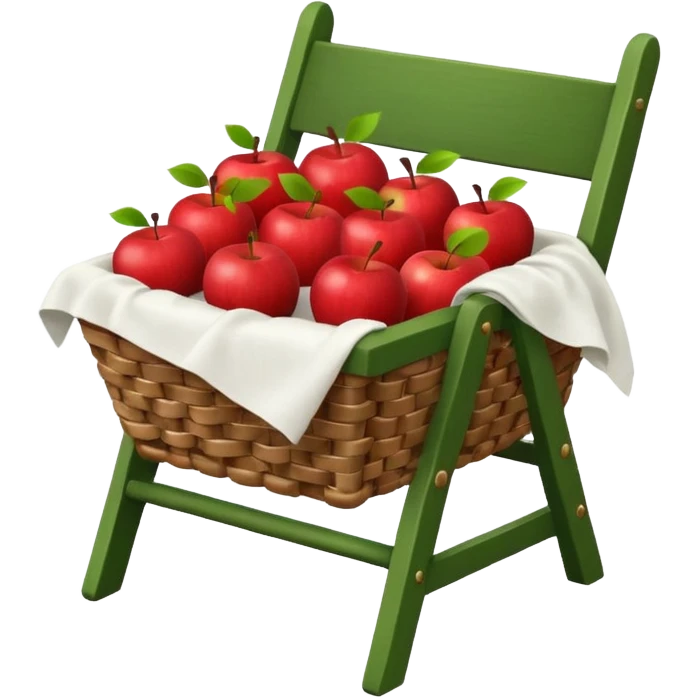 woven basket with apples and cloth on a white wooden chair, green emoji