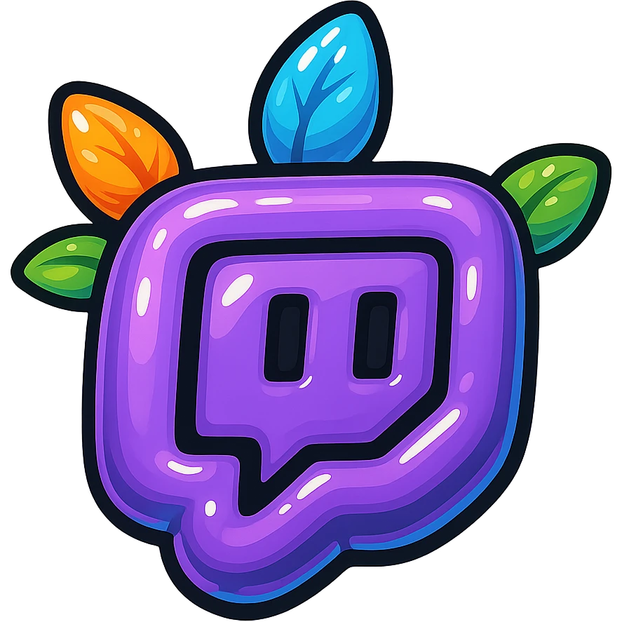 Chunky, smooth, and glossy Twitch logo, cartoon style, bold outline, strong shadows, bright highlights, decorated with colorful leaves, no background. Extra attention to contours and shine, in the style of the reference image, but even more rounded. emoji