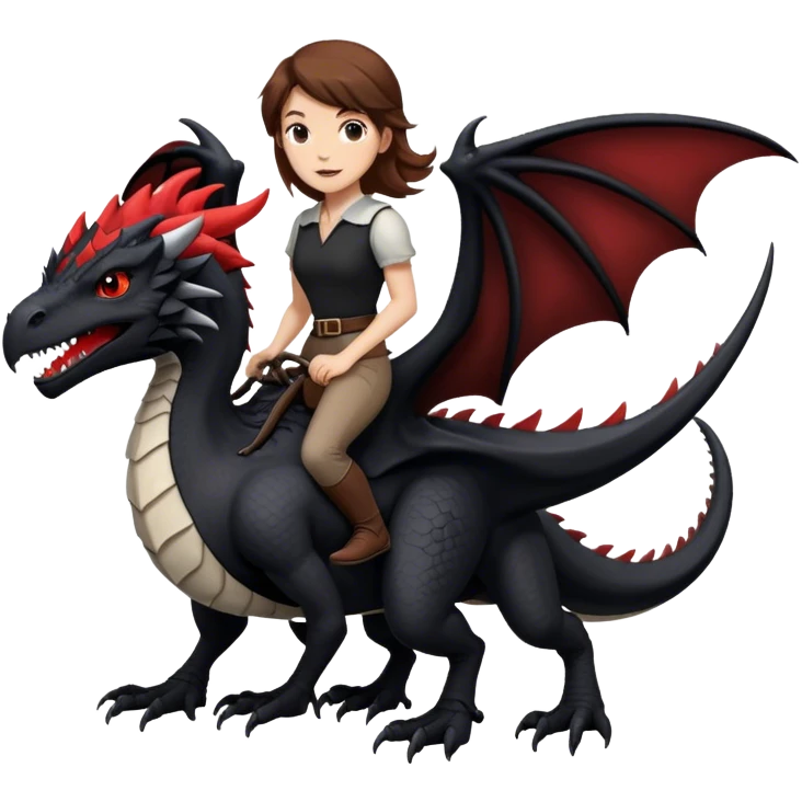 Me, a white female with brown hair, riding a black wyvern with a tiny bit of red that has only two legs to your work emoji