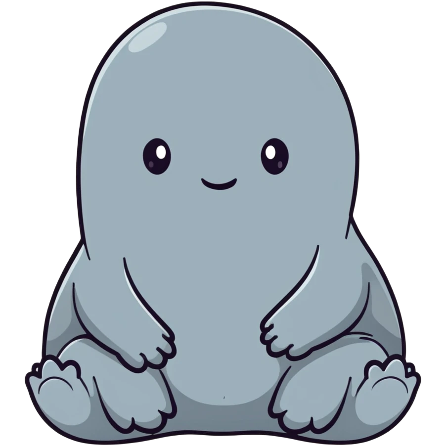 Zhdun (The One Who Waits), a cute gray blob-like creature with wrinkled skin, no neck, tiny hands resting on lap, patiently waiting emoji