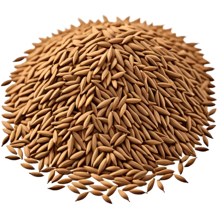 pile of cumin seeds, scattered arrangement, elongated curved seeds with fine ridges, earthy brown color, some size and color variation, dry and light texture, 3D clean style, transparent background emoji