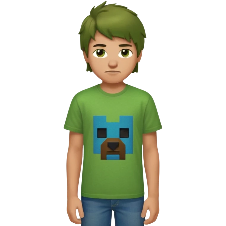 A 14 yerar old teenage boy, slightly tanned, wearing a green minecrcaft tshirt, blue jeans and green sneakers with brown tousled hair, smirking emoji