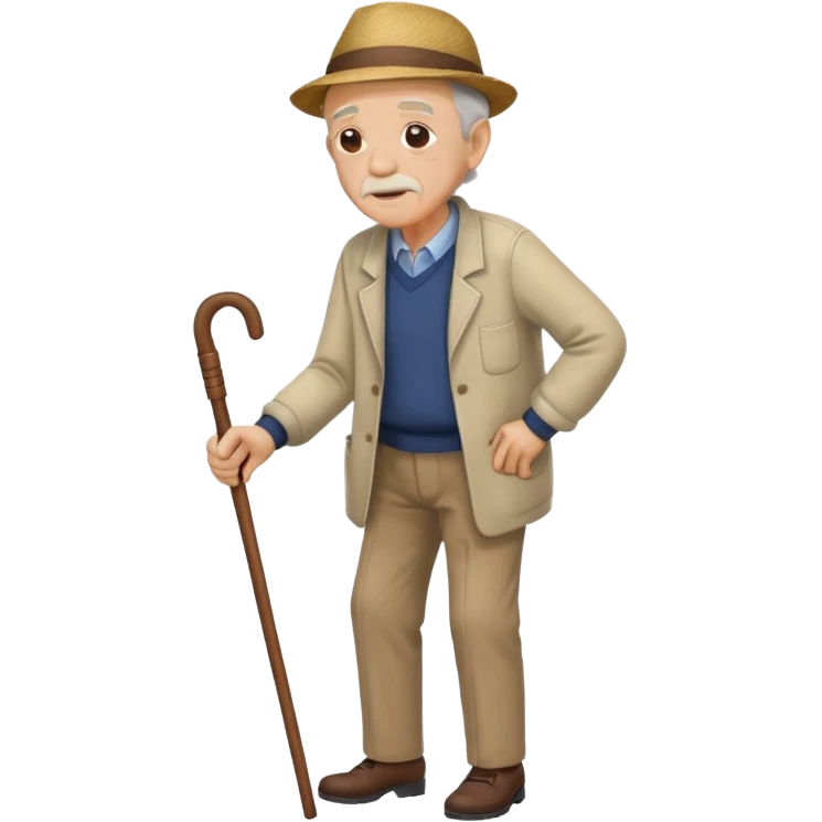 An old men leaning on a single cane walking with the other hand on his back to express back pain emoji