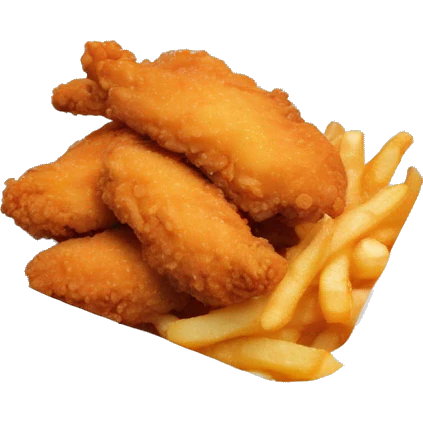 3 chicken tenders with crinkle fries and orange sauce on the side in a styrofoam container emoji