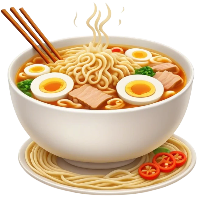 Cinematic Realistic Ramen Dish Emoji, showcasing a steaming bowl of rich broth with noodles and toppings rendered with dynamic textures and inviting, warm lighting. emoji