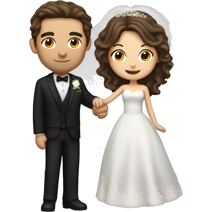 Bride with brown hair and groom with dark hair. Both are Caucasian. Groom isa little taller than the bride. They are dancing  emoji