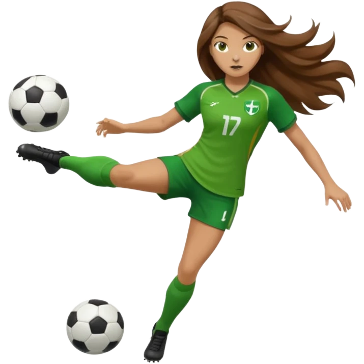 Long Haired Football Players, Female player, green cloth, full body kick ball emoji