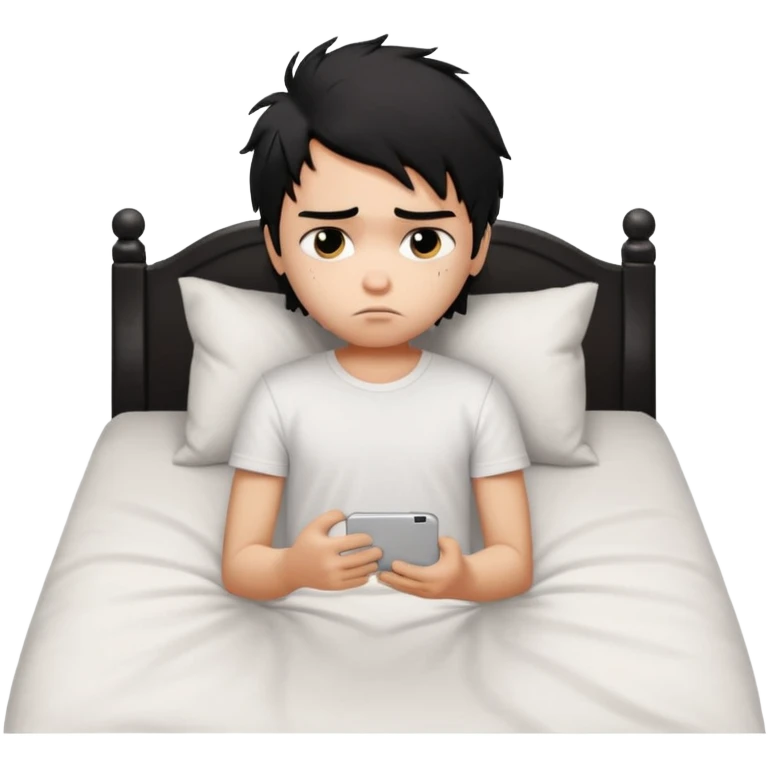 a PRETTY BRATZ boy with black messy hair, in bed, looking sad emoji