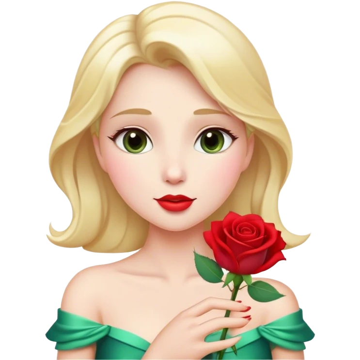 Cinematic Elegant Aurora Portrait Emoji, Delicately holding a single red rose, gazing with soft wonder, lips gently parted as if about to sing, the picture of grace and elegance, glowing with royal charm! emoji