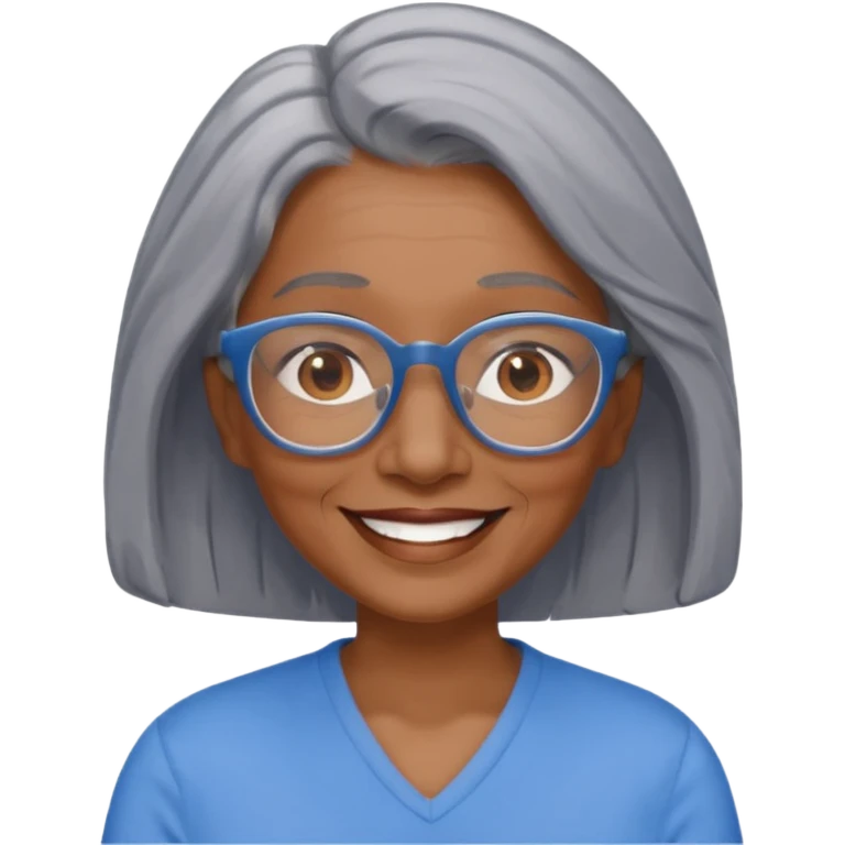 Older woman of color with gray shoulder length  hair and glasses and smiling emoji