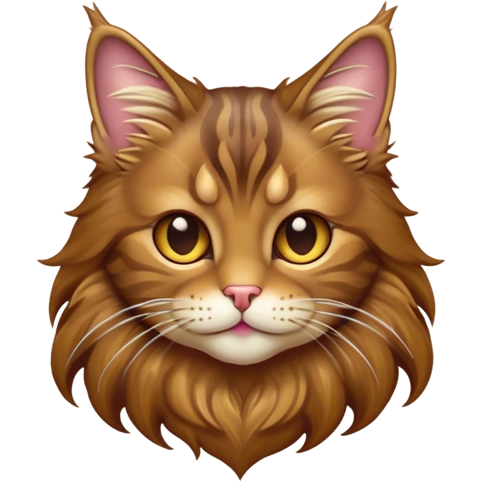 Cinematic Cute Brown Maine Coon Cat Portrait Emoji, Head tilted playfully with a touch of sass, sleek brown and gold fur with a majestic mane, Simplified yet hilariously adorable features, highly detailed, glowing with a warm, confident glow, high shine, mischievous yet lazy, stylized with a touch of playful whimsy, bright and endearing with a comical expression, soft glowing outline, capturing the essence of a quirky yet loving and lazy kitty, so meme-worthy it feels like it could stretch out of the screen and demand attention in the most dramatic way! emoji