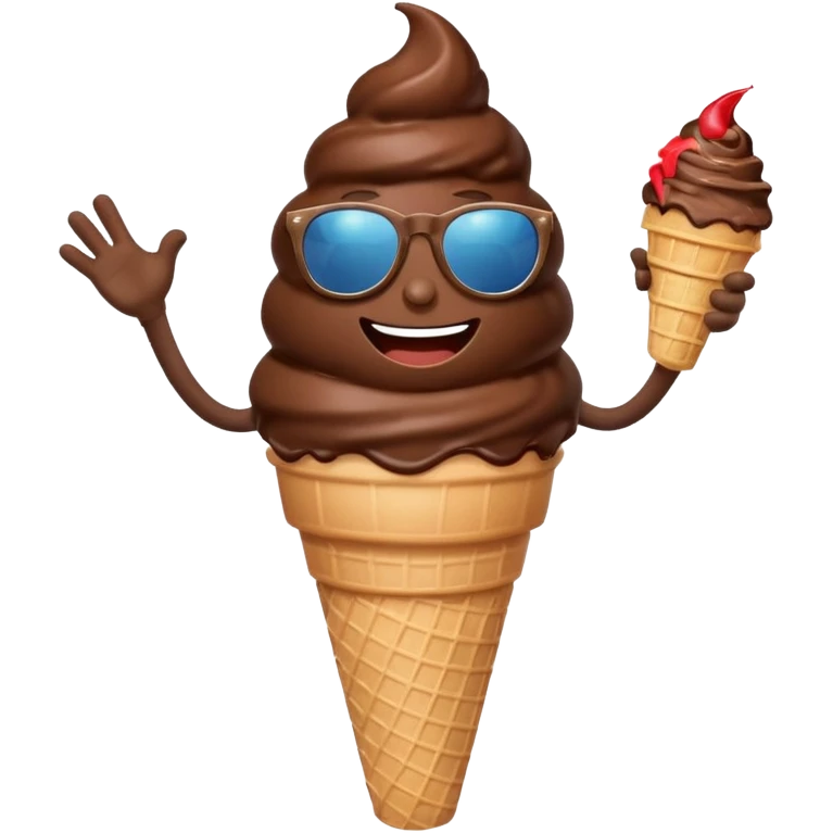 A chocolate icecream, with legs, arms, and a face. It can be seen wearing sunglasses emoji