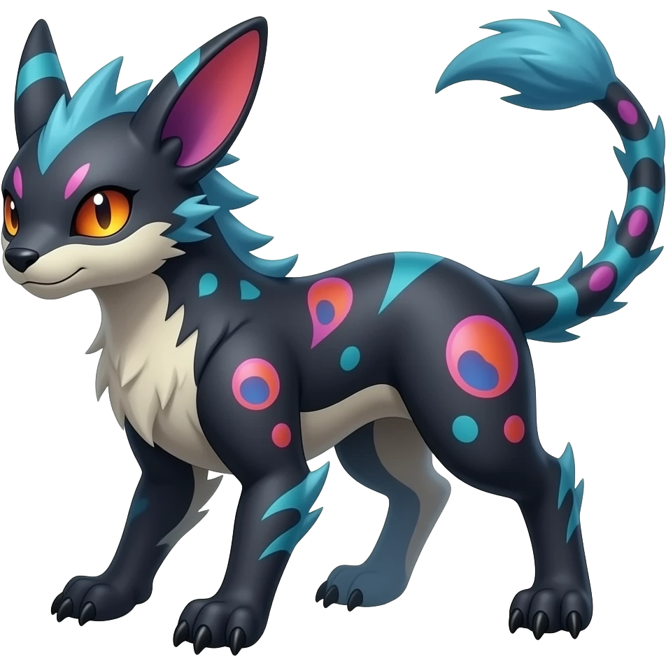 Rare realistic exotic edgy gothic gloomy cool badass epic pretty beautiful handsome gorgeous aesthetic colorful vibrant Vernid-Trico-species-Fakemon-Salandit-hybrid-creature by LiLaiRa, 4 legs, 1 tail, random markings, (full body) emoji