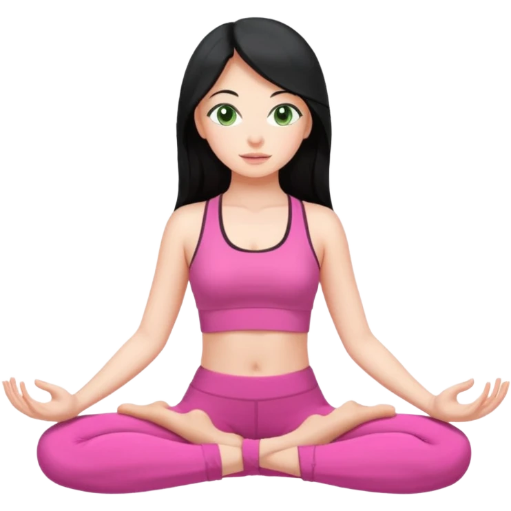 Girl with long black hair with green eyes doing yoga with pink clothes emoji