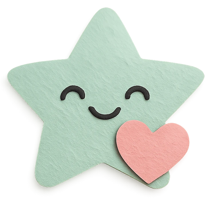 A smiling pastel green star clutching a small pastel heart, no arms or legs, full body, transparent background, in kawaii paper craft style. emoji