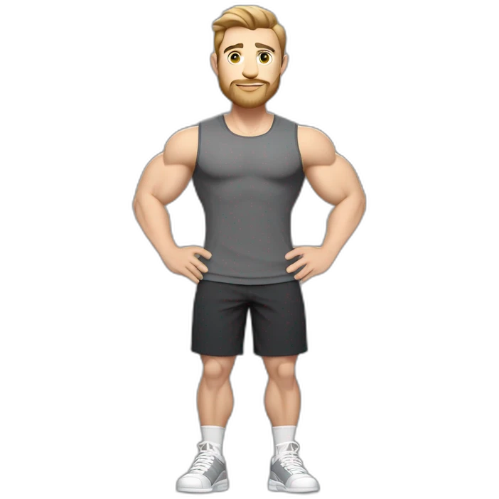 Full height Pale skinned muscular man With Realistic eyes and mouth, light brown hair and stubble In dark gray sleeveless mike, black oversize sports shorts, watch and white sneakers. emoji