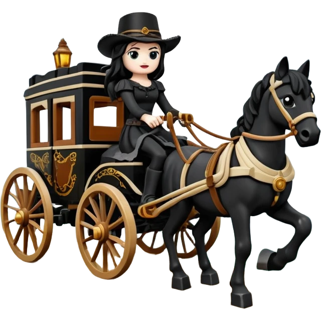  Rustic all black Lego antique wood detailed 1854 pretty dark-haired Catgirl driving a huge horse-drawn fancy French stagecoach Caravan on a bumpy scary ghost trail in the woods  emoji