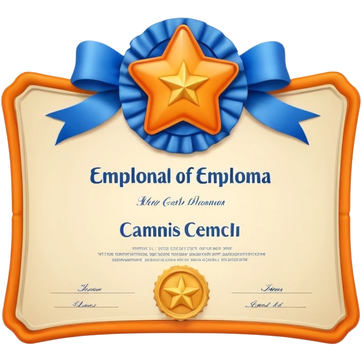 Create a glossy 3D certificate emoji with a cream diploma, rounded corners, a blue ribbon seal, orange tails, and an embossed star. emoji