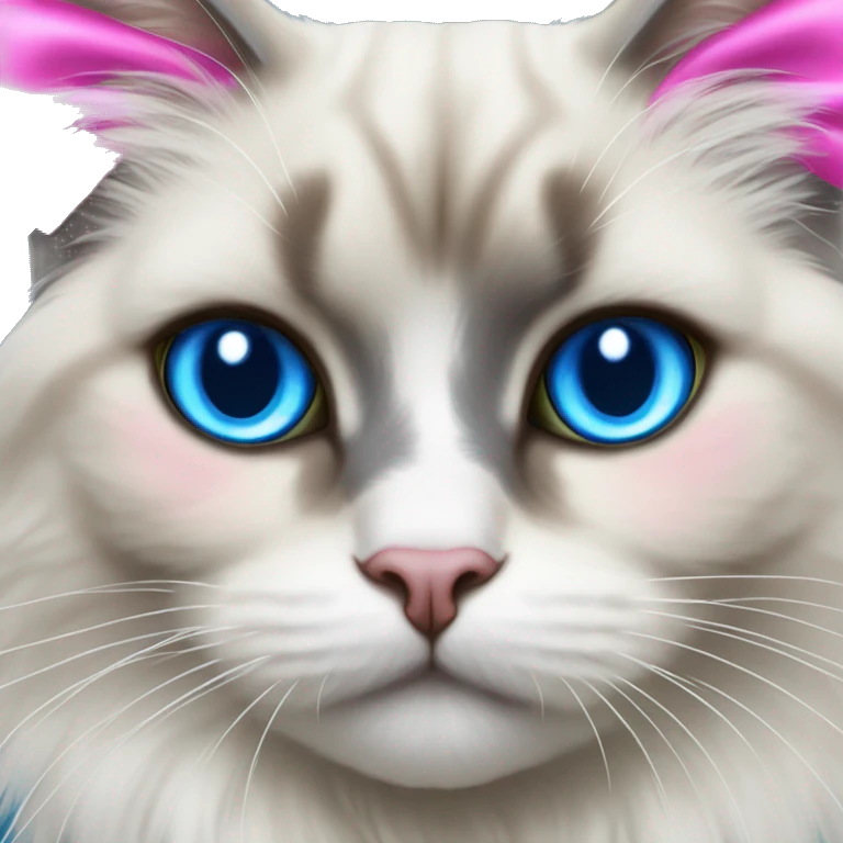 blue eyed blue bicolor ragdoll cat with pink bow emoji