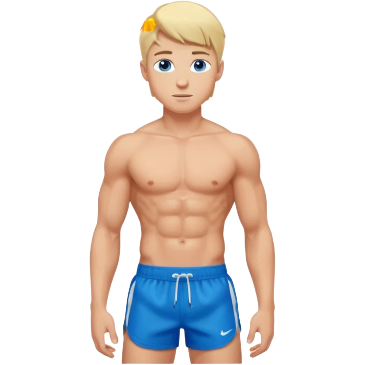 a 20 year old blond man with blue eyes, very muscular with abs, shirtless with sports shorts emoji