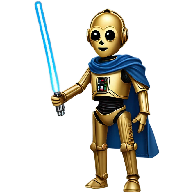 darkblue-pearl friendly smiling bounty hunter c3po droid wearing leather duster, backpack, saddlebags and light saber ready to fight at ease. steampunk emoji