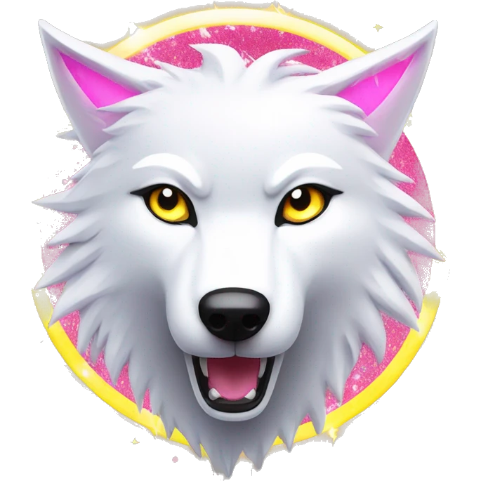 Lightning running sparkling glitter white wolf snarling huge eyes sun halo black white pink red yellow emoji