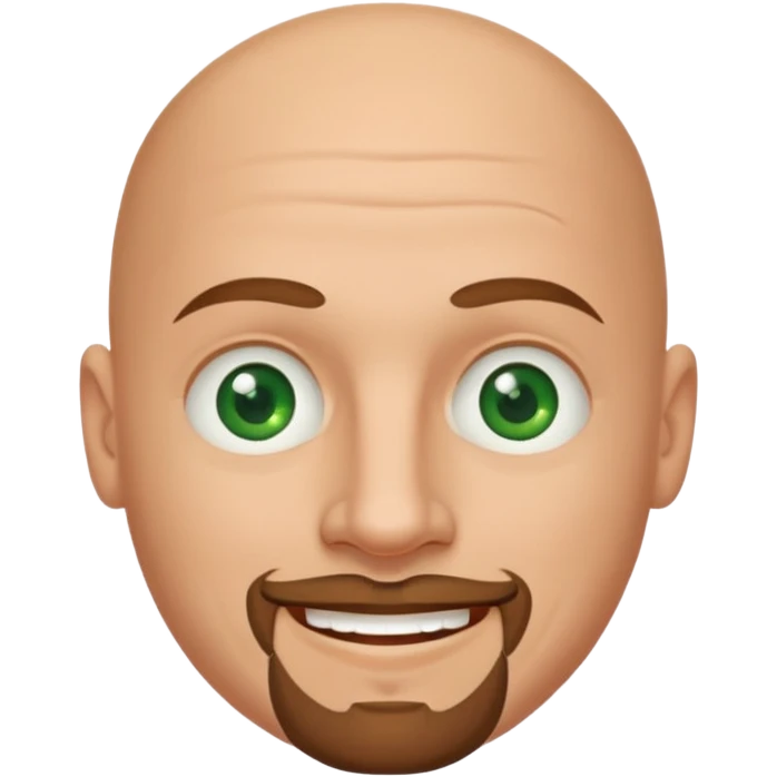 white caucasian bald man's face, with brown goatee and green eyes, oval face, rounded, big emoji