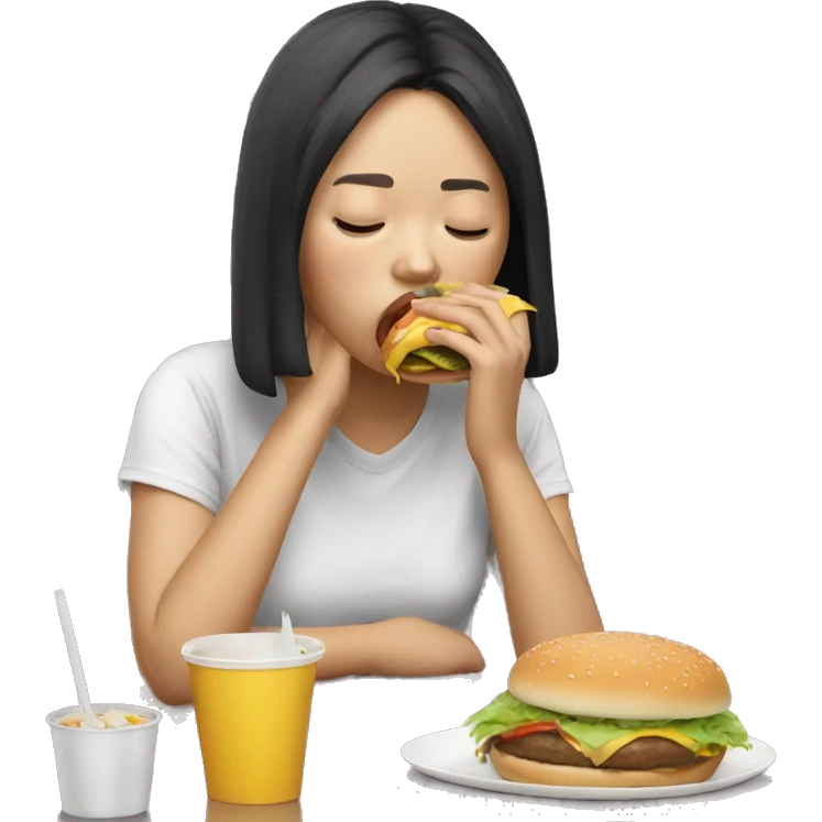 Hungover asian girl eating a burger emoji