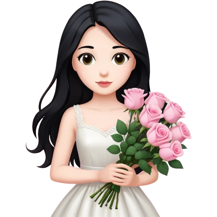 A beautiful girl with long black hair and a white dress is holding a bouquet of pink roses emoji