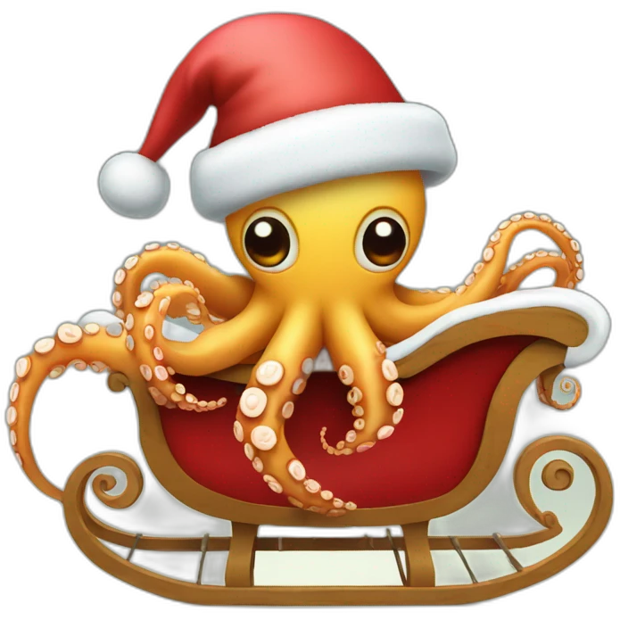 Octopus on a sleigh with Santa hat emoji