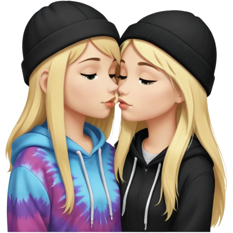 Short brunette haired white girl in a hoodie and a black beanie kissing a tall short long blonde haired girl wearing a black beanie and a tiedye hoodie. make ther brunette shorter than the blonde emoji