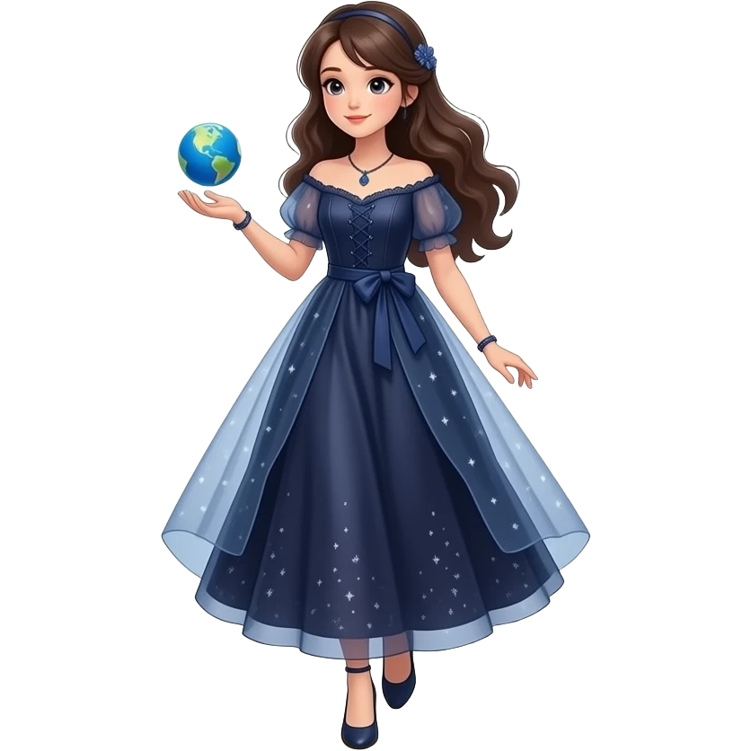 cinematic realistic - an elegant mystical girl in a long dark blue dress carries a small flashing globe in her hand and walks through a flaming ring emoji