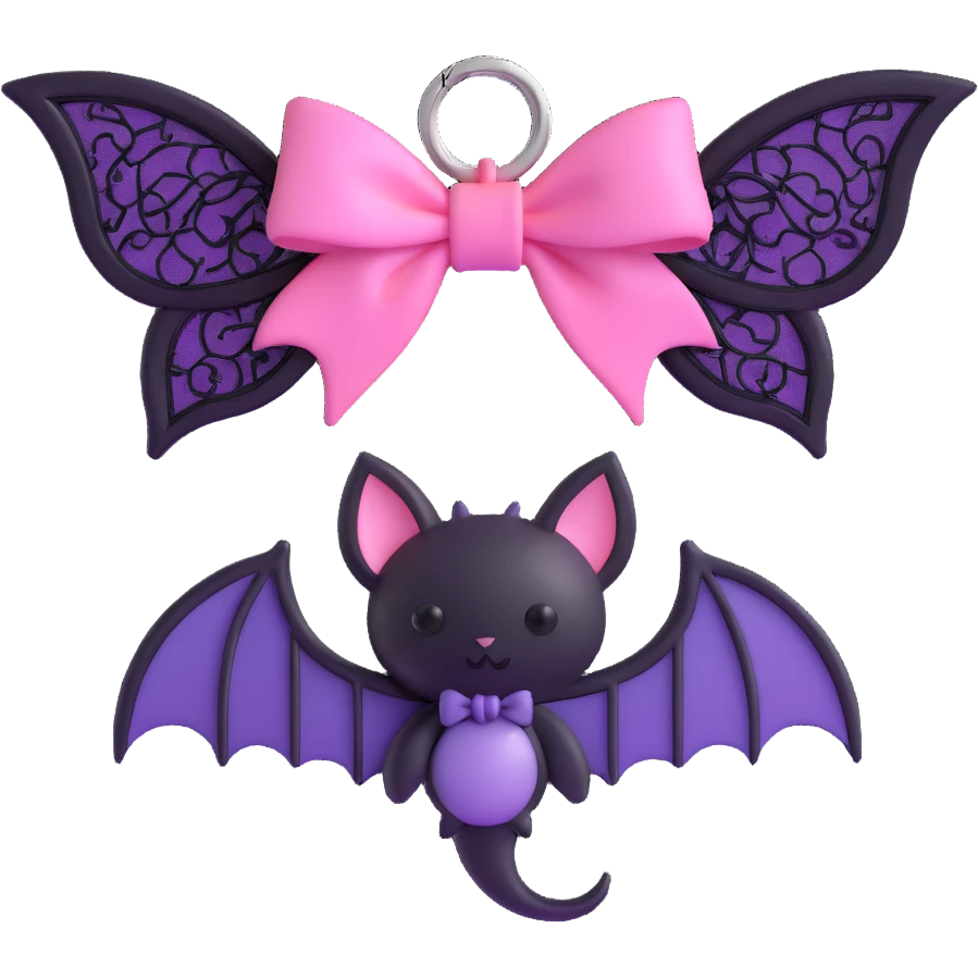 3D emoji style pink bow with gothic effect, ombre pink to purple, black lace edges, and silver bat charm emoji