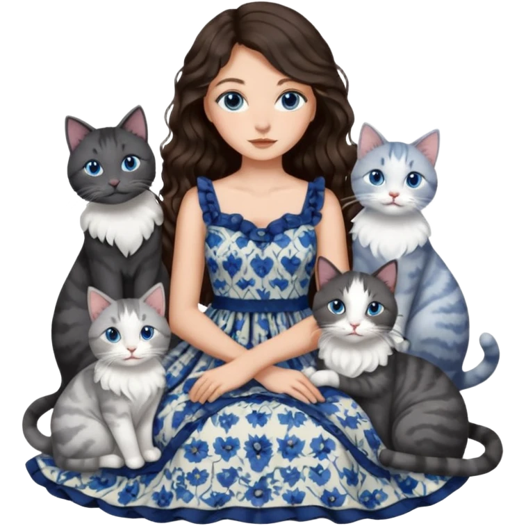 detailed realistic looking a dark grey and white cat regally sitting with six other cats, cuddling with their owner who is a pretty bratz lightly tanned white girl with long dark brown hair, blue eyes and gorgeous long wavy hair wearing a pretty detailed dress emoji