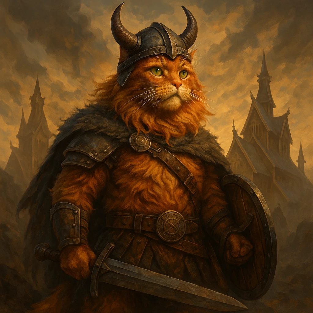 epic ginger cat Viking, Valhalla, heroic pose, Norse mythology atmosphere, fantasy style emoji