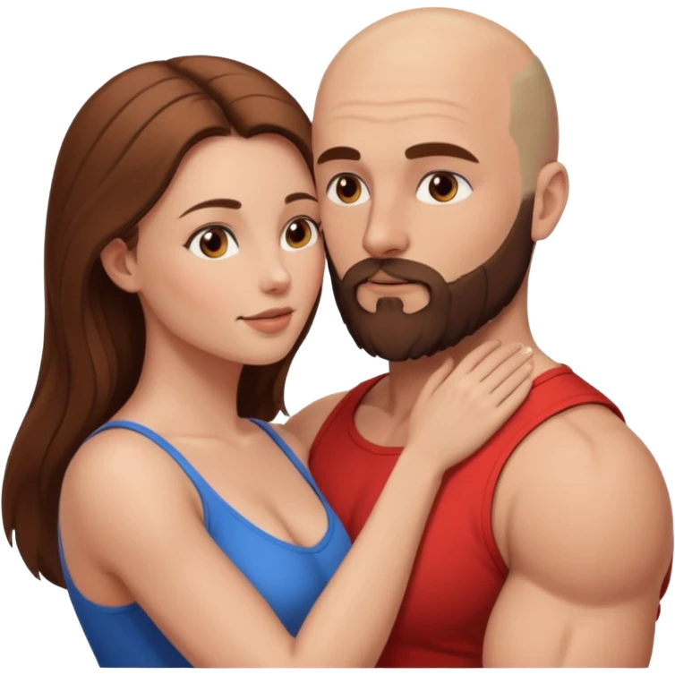 intimate moment between lovers muscular bald man brown beard, beautiful long hair woman emoji