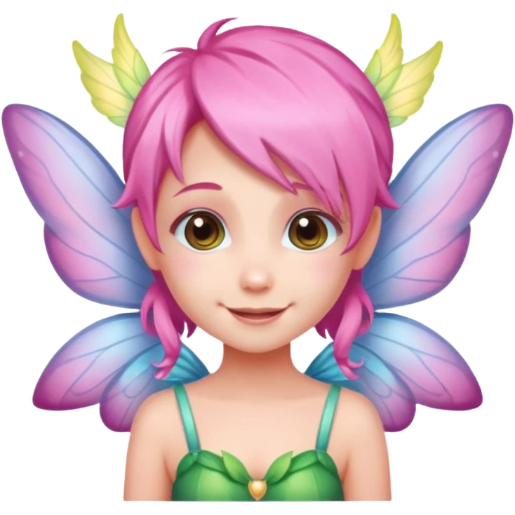 A tiny pastel fairy with pink hair with glowing wings and a sweet smile  emoji
