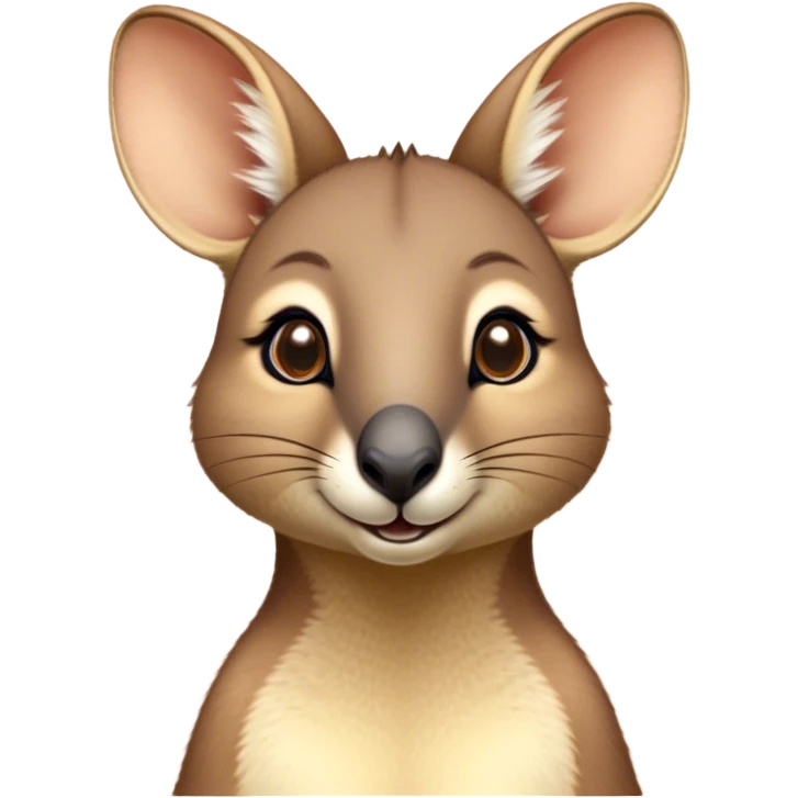 Cinematic Cute Wallaby Portrait Emoji, Head tilted playfully and inquisitively, featuring a glossy tan fur with delicate brown accents and a charming, alert expression, round, sparkling eyes filled with gentle curiosity, Simplified yet irresistibly adorable features, highly detailed, glowing with a warm, friendly glow, high shine, affectionate and bouncy, stylized with a touch of outback whimsy, bright and endearing, soft glowing outline, capturing the essence of a mischievous yet loving wallaby, so playful it feels like it could skip out of the screen into your arms! emoji