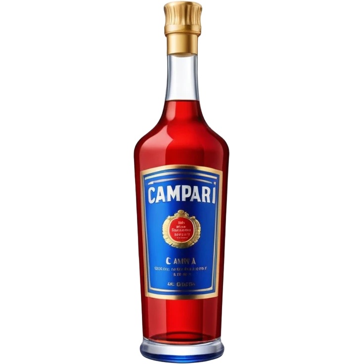 A tall red Campari bottle with a gold cap, bold blue-and-white label, and textured ridged glass at the bottom. Glossy, elegant, iconic look. emoji