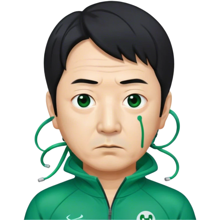 Park Ju-un is a middle-aged man, around 45 years old, green tracksuit, with tired eyes that carry the weight of a lifetime of struggles. His black hair, streaked with strands of gray, is unkempt and damp with sweat.

His face is gaunt, with deep wrinkles lining his forehead and around his mouth, evidence of years of stress and hardship. He wears the standard green Squid Game tracksuit (#369), but his jacket is slightly loose on his thin frame, and the collar is stained with sweat. His hands, slightly calloused from years of office work, tremble as he grips the small needle. emoji