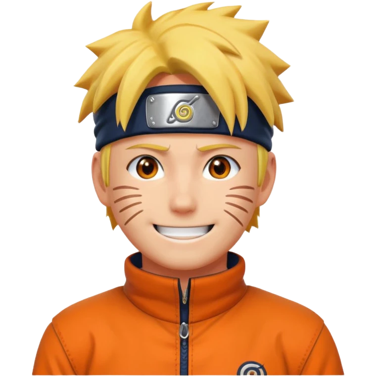 Naruto character smiling with iconic whisker marks, orange outfit, apple emoji style emoji
