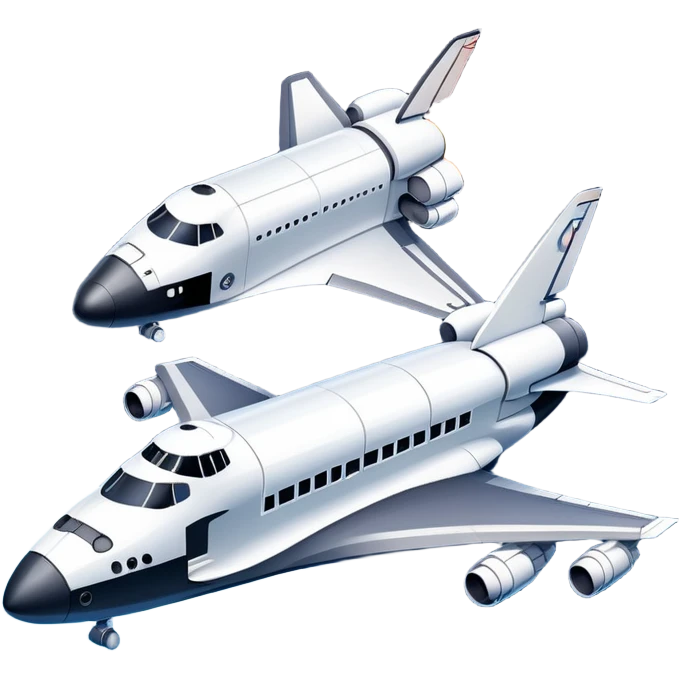 An icon featuring a space shuttle and an airplane against a starry sky, symbolizing aerospace technology. The design includes rocket boosters and satellite orbits, representing the exploration of space and advanced aviation. Transparent background emoji