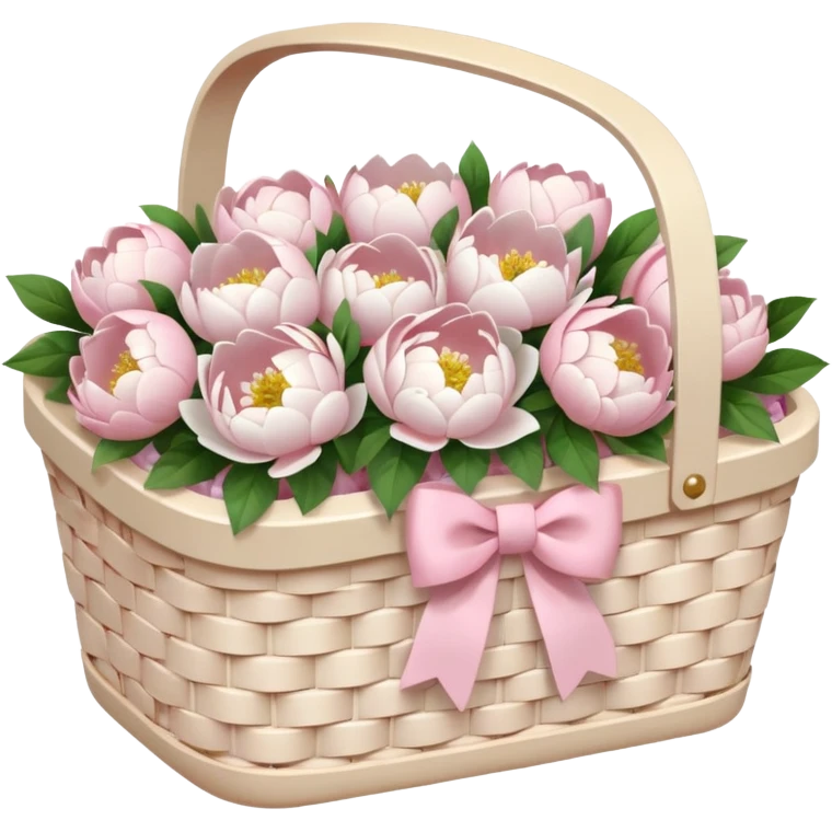 White Picnic basket with light pink bow and white peonies inside emoji