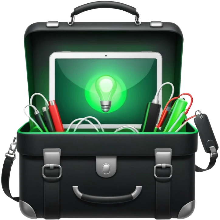 open hacking briefcase with green light emanating, cables and electronic gadgets emoji