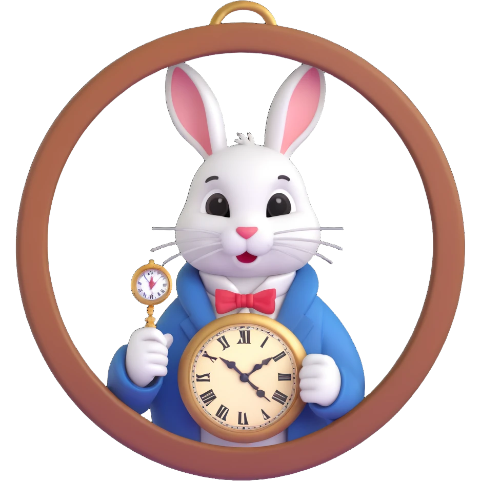 Alice in Wonderland white rabbit peeking out of a hole, holding a pocket watch, playful and magical design emoji emoji
