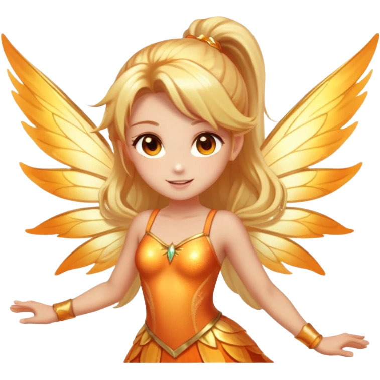 Glowing fairy with long golden-blonde hair in a high ponytail, sparkling amber eyes, and a radiant orange-gold outfit. Large translucent wings with golden shimmer, surrounded by a sunlit aura, with a joyful and confident expression. emoji