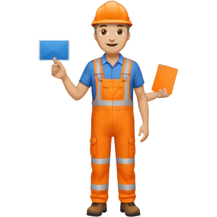 mature engineer hi-vis orange overalls standing full body holding a card emoji